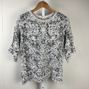 Solitaire Casual Top Womens‎ Large Black White Embroidered Short Sleeve